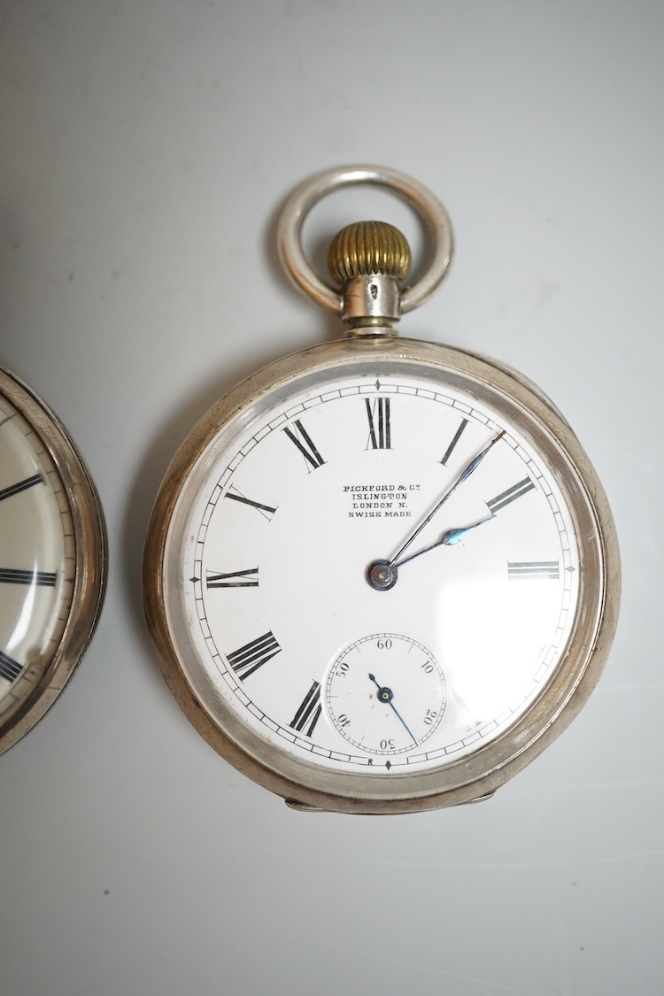 A late William IV silver open faced pocket watch, by William Latch, Newport, with Roman dial, together with a late Victorian silver open faced pocket watch and a Swiss 935 standard open faced pocket watch, retailed by Pi